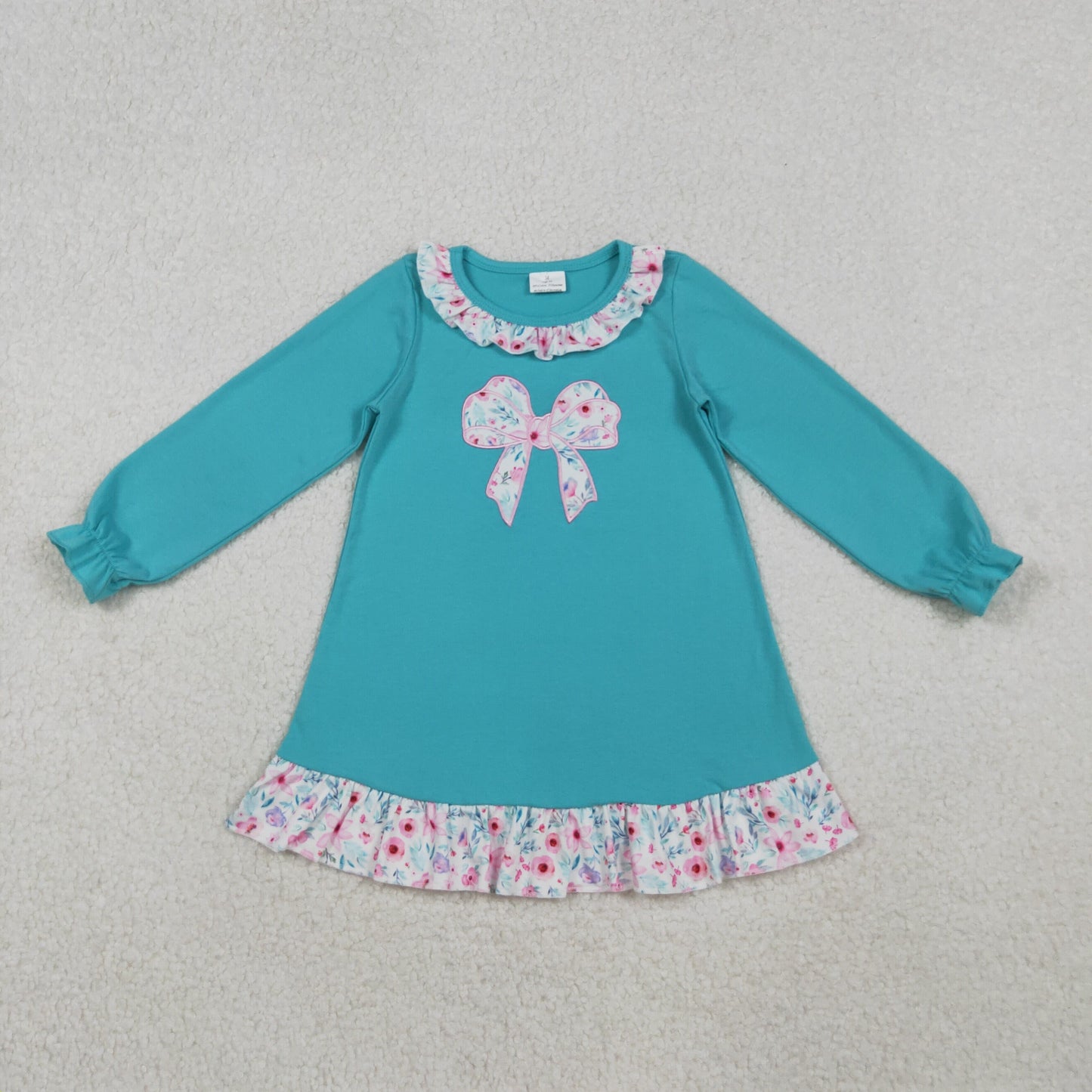 embroidery GLD1204 mint color blue flowers bow long sleeve girls dress