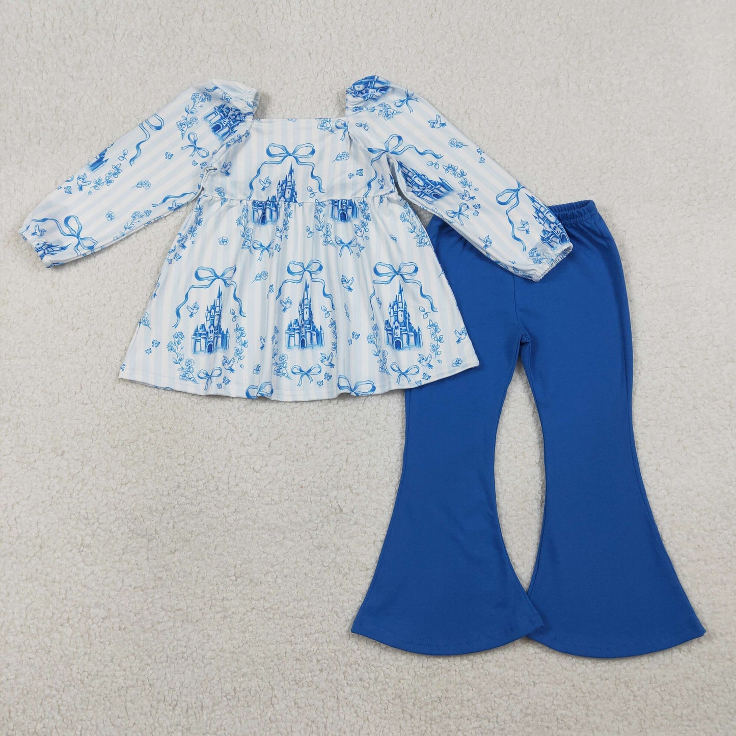 GLP3283 Blue Castle Bows Long Sleeve Blue Pants Girls Set