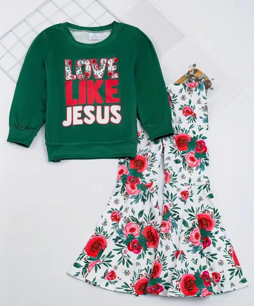 custom 11.11 Love like Jesus green long sleeve flowers pants girls set