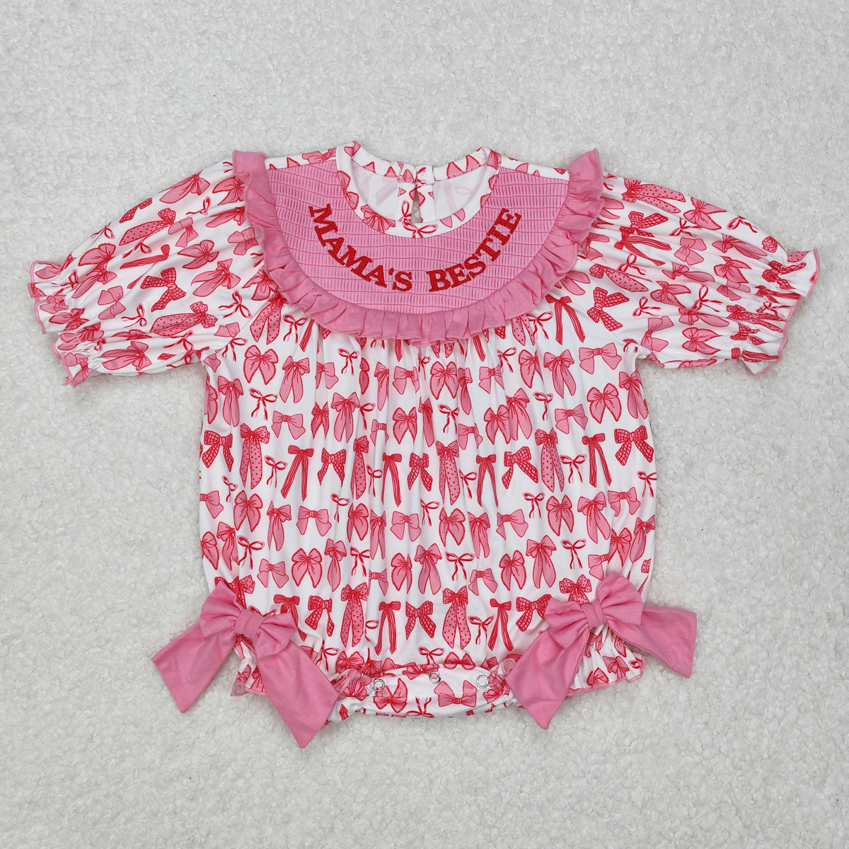 USA SHOP embroidery SR2620 Smocked MAMA'S BESTIE pink bows long sleeve girls romper