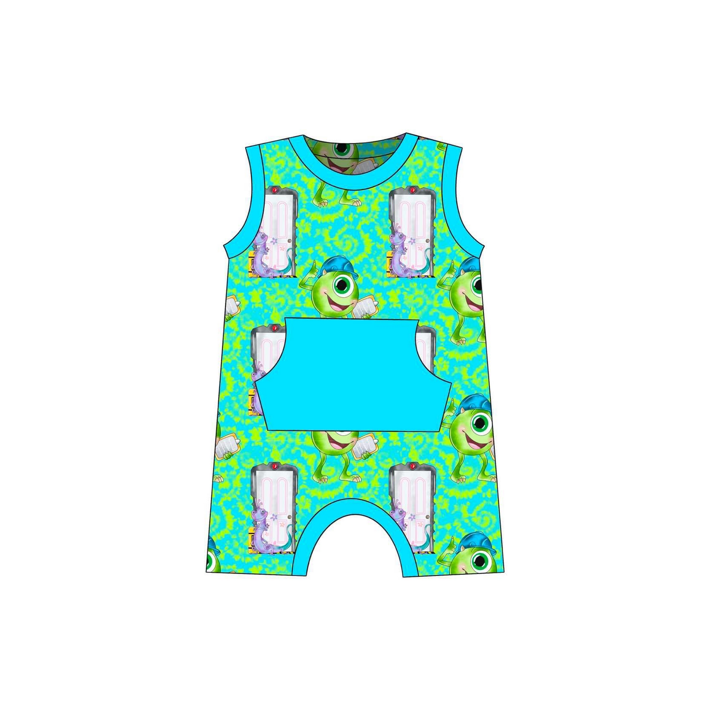custom cartoon monster green pocket sleeveless boys romper