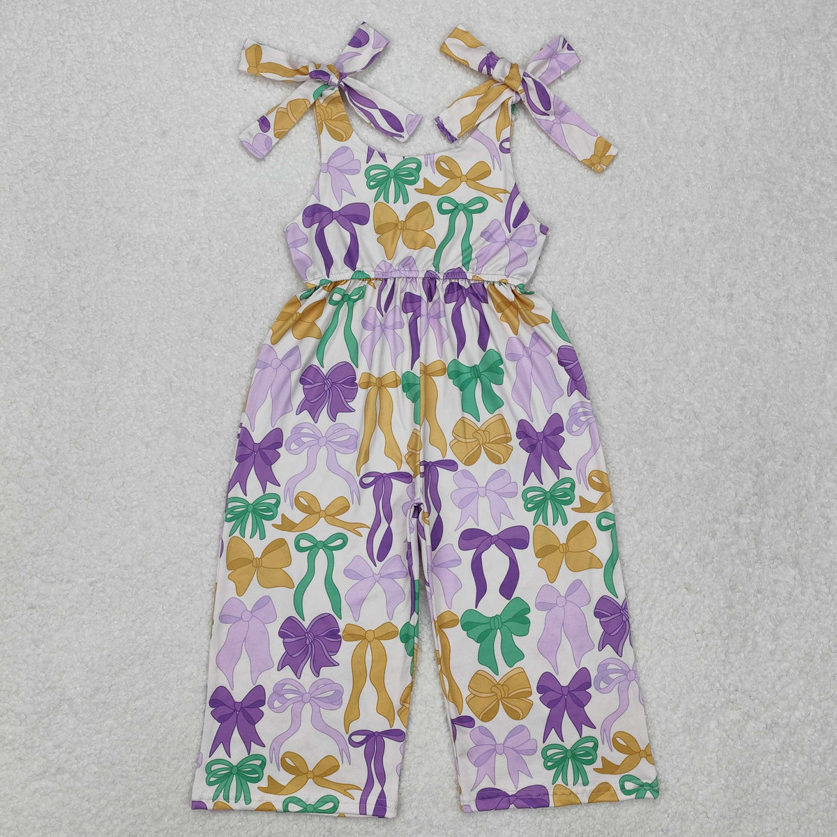 SR2522 baby girl Mardi Gras purple yellow green bows lace-up jumpsuits