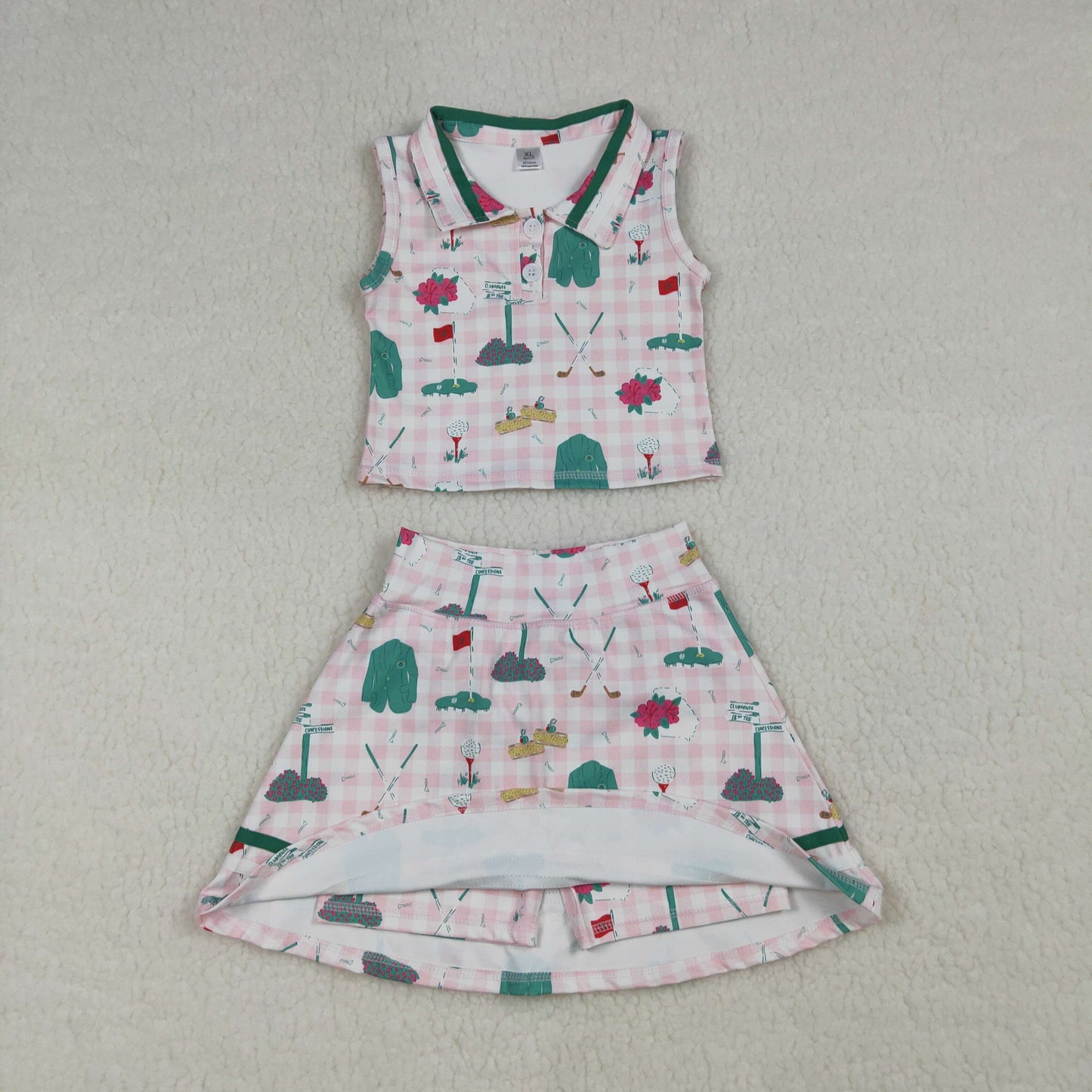 GSD3520 Yoga Golf Pink Checkered Sleeveless Skorts Girls Set