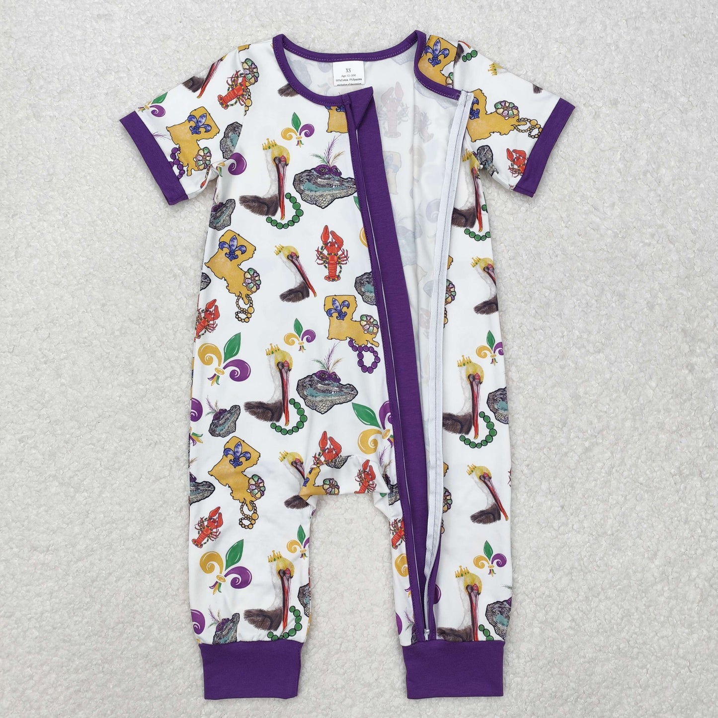 SR2394 Mardi Gras Mask Crab Purple Short Sleeve Boys Romper