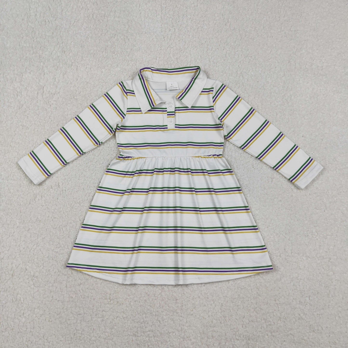 GLD1331 Mardi Gras yellow purple green striped long sleeve girls dress