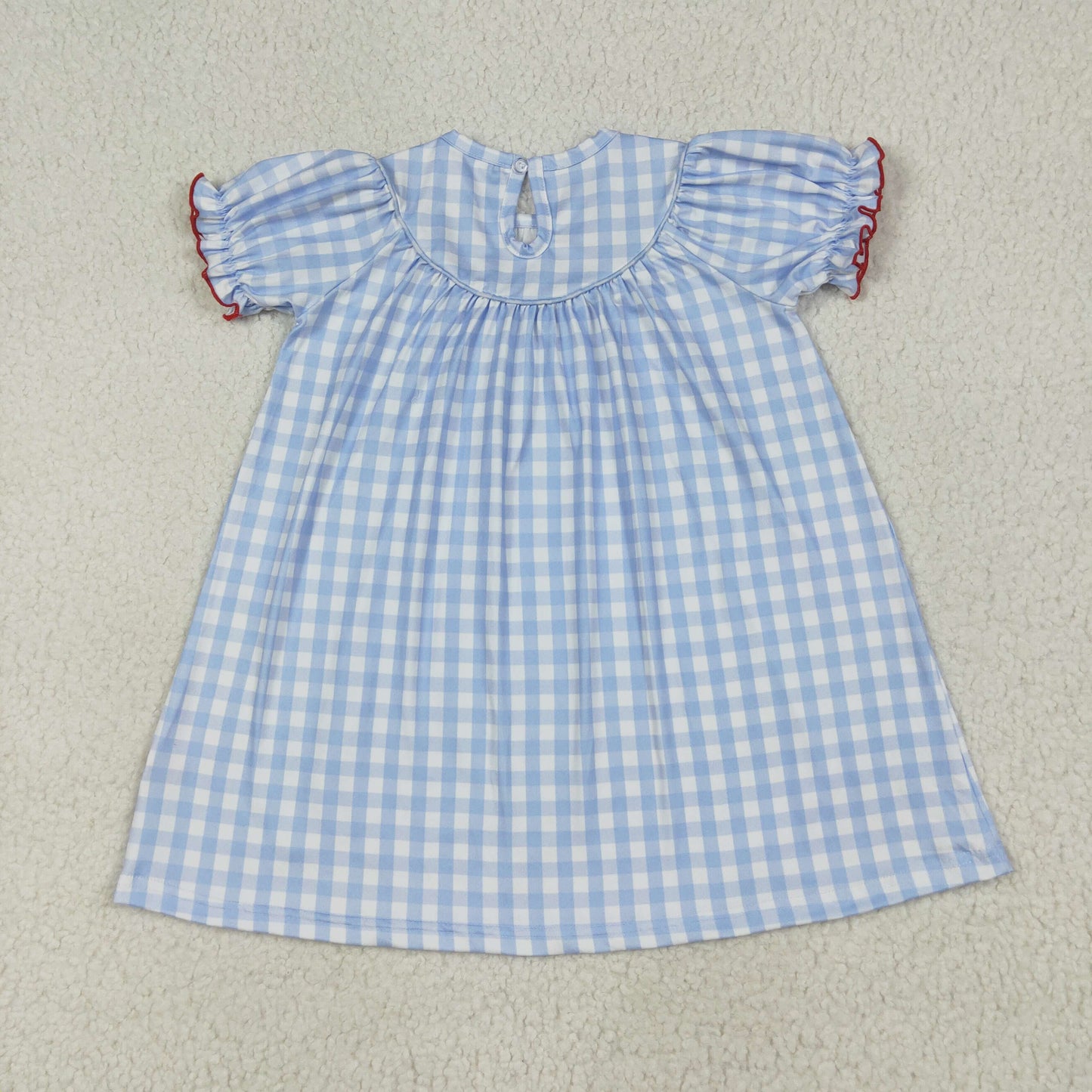 smocked GSD2275 farm pig cow animals blue checkered short sleeve girls dress