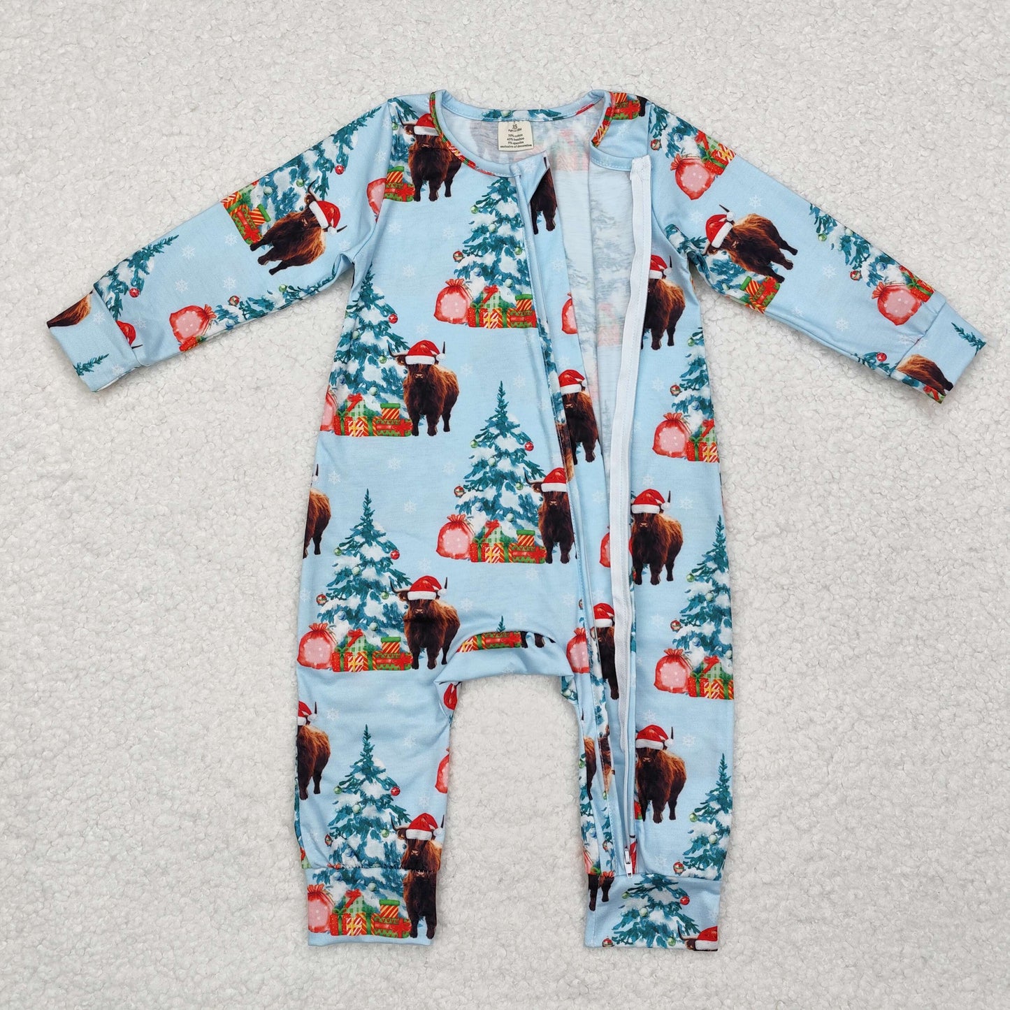 bamboo LR1459 Christmas Santa highland cow hat tree blue long sleeve zipper boys romper