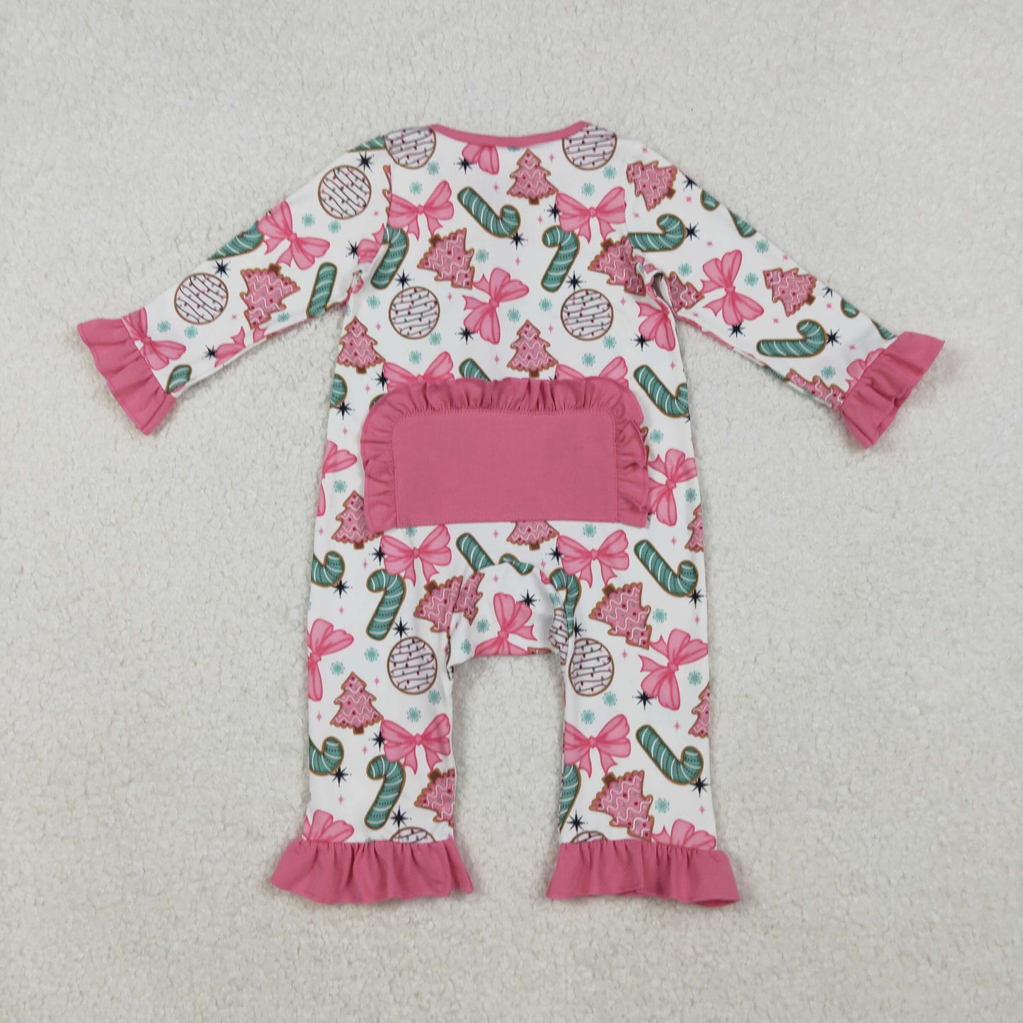 LR2486 Christmas bows cane candy tree pink zipper long sleeve girls romper