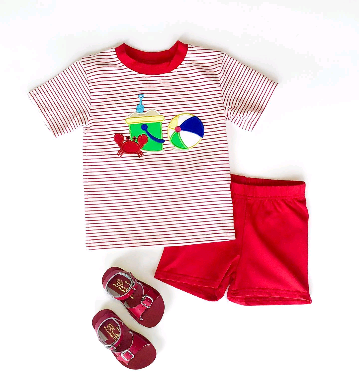 preorder BSSO1049 beach ball crab red striped short sleeve red shorts boys set