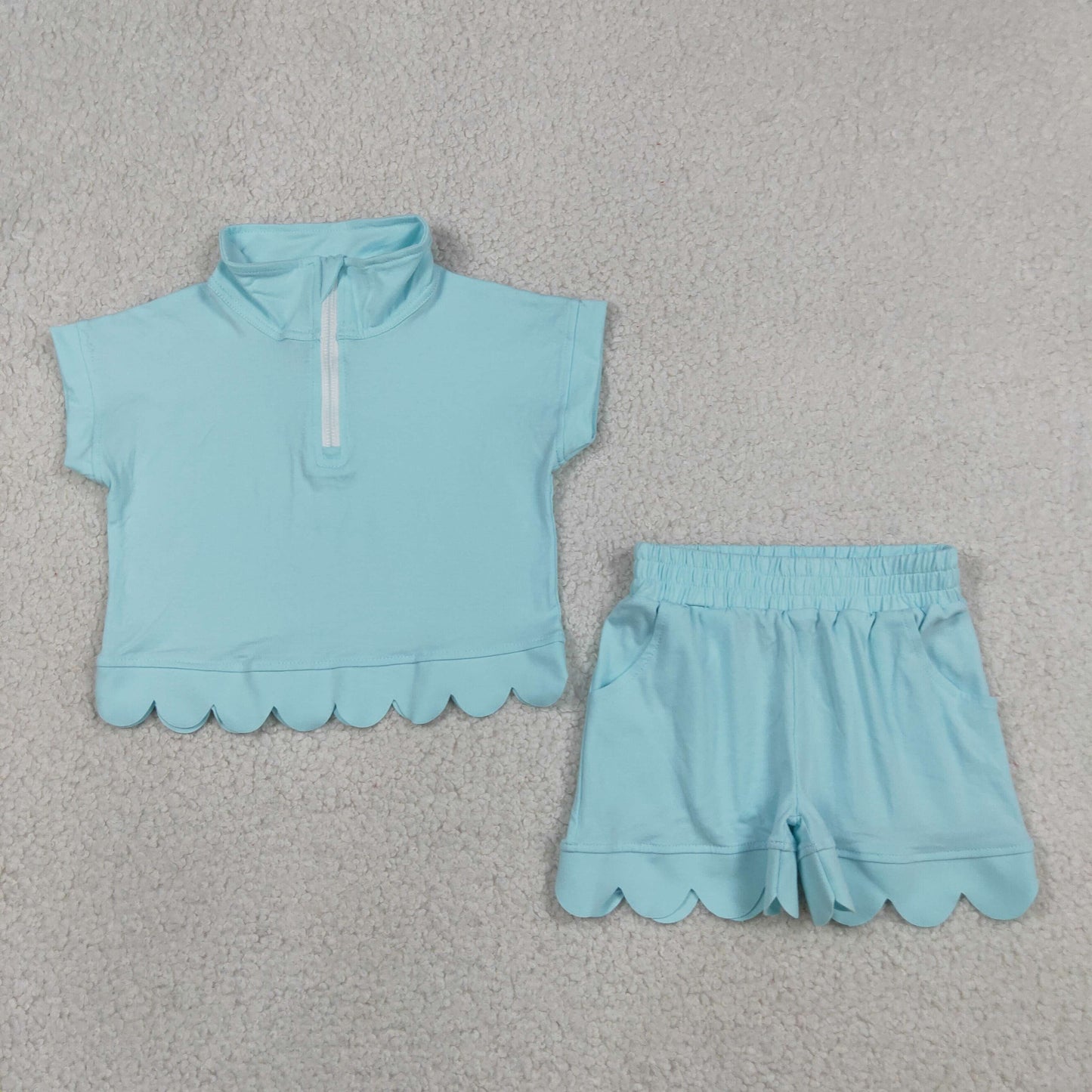 GSSO3376 Light Blue Zipper Short Sleeve Shorts Girls Set