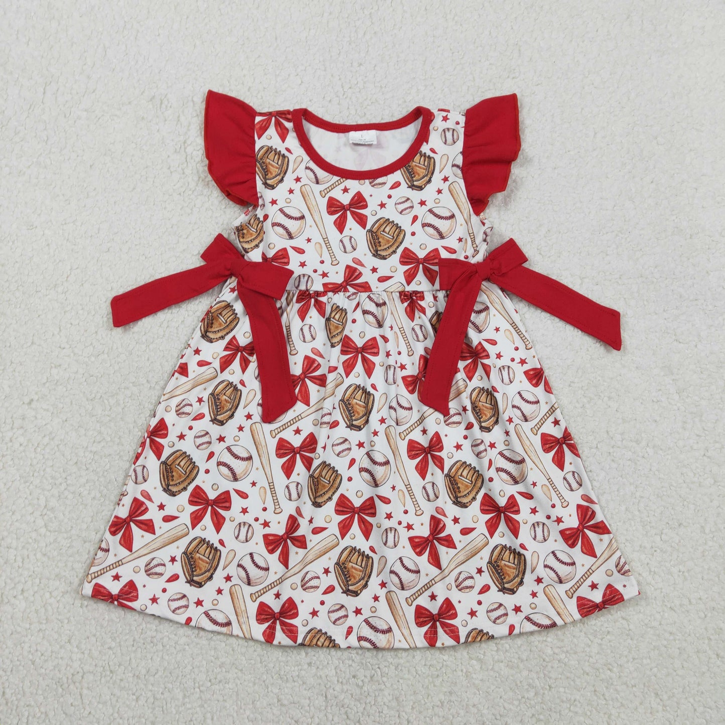 GSD3455 Baseball Bows Red Flutter Sleeve Girls Dress