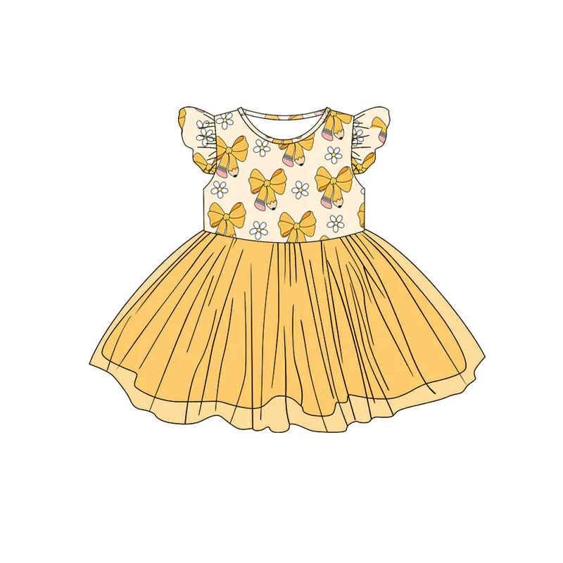 custom back to school pen bows flowers flutter sleeve yellow flutter sleeve girls dress