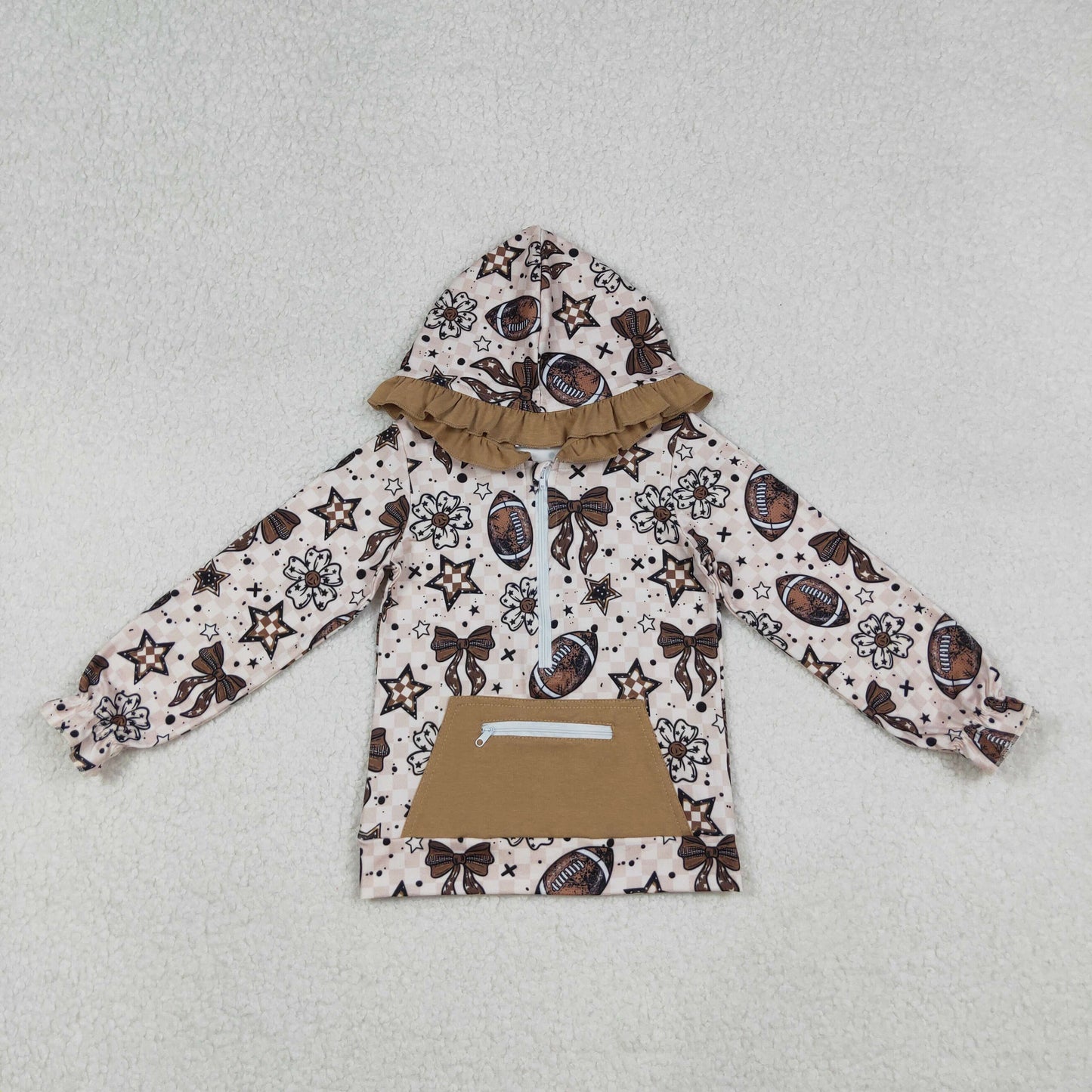 GT1152 football star bows flowers khaki checkered pocket hoodie long sleeve girls top