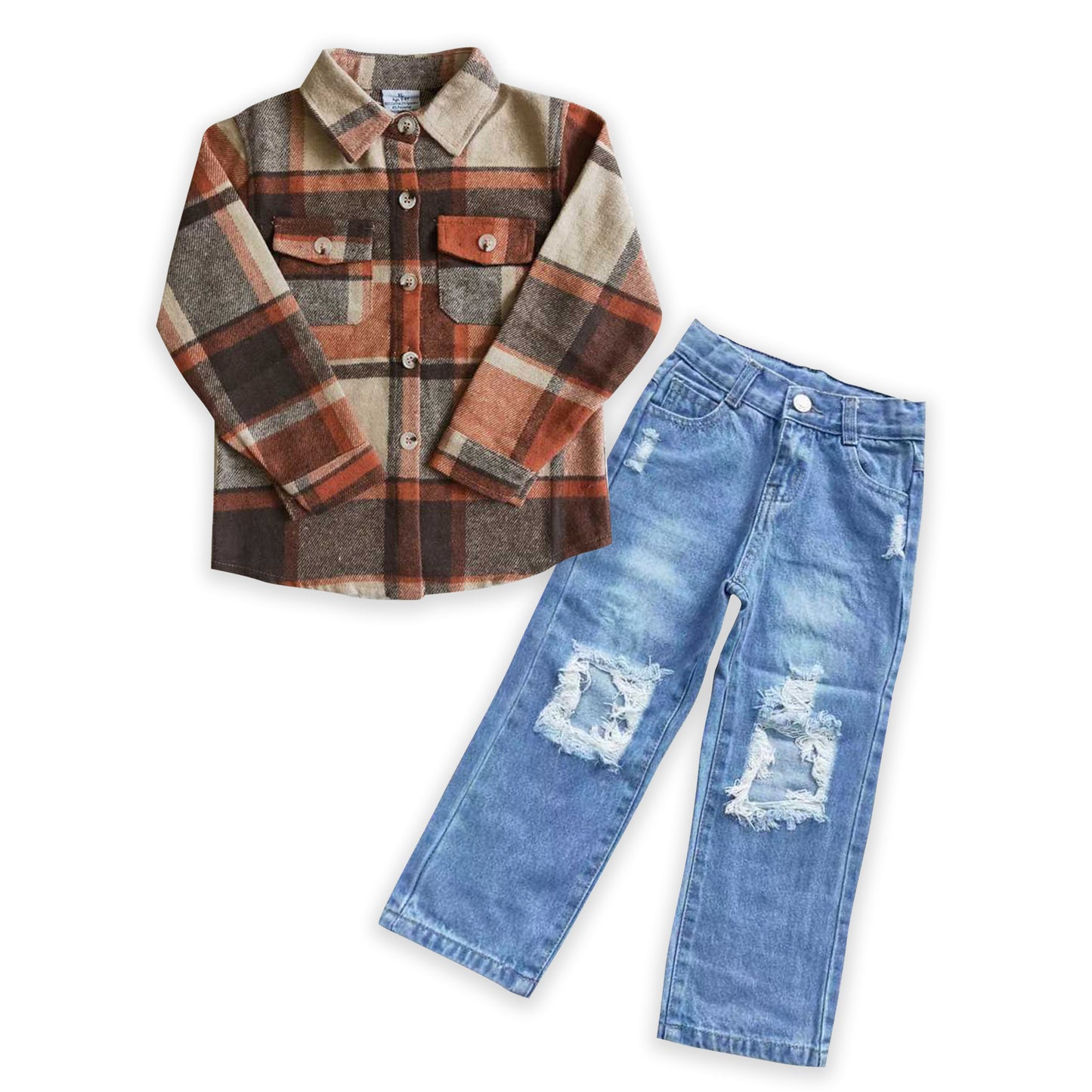D4-16 BT0061 Brown Plaid Print Boys T-shirts Blue Ripped Denim Pants Boys Set