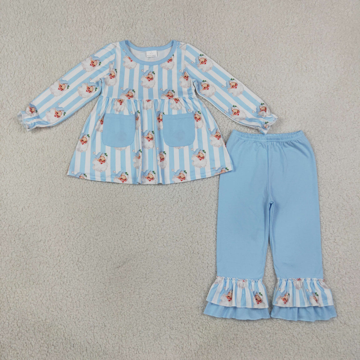 GLP3455 Christmas Santa Pockets Long Sleeve Blue Pants Girls Set