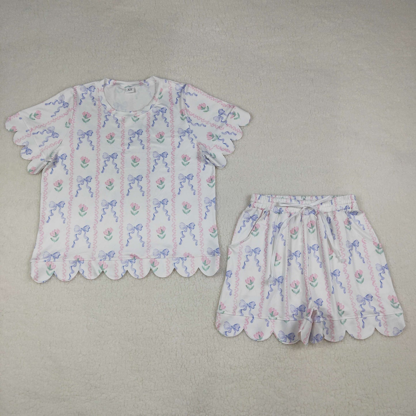 GSSO3405 Scallop Blue Bows Flowers Short Sleeve Shorts Adult Women Pajamas