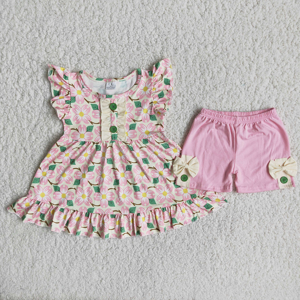 C16-19 Flower Flutter Sleeve Summer Match Pink Girls Outfits