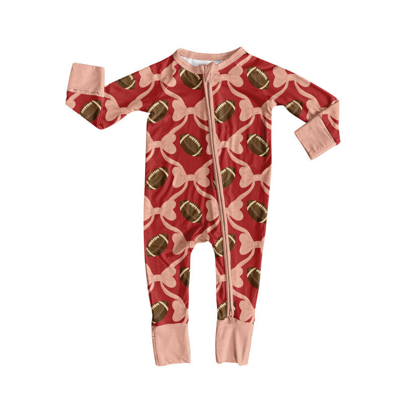Custom moq 20 bamboo football star bows brown zipper long sleeve girls romper