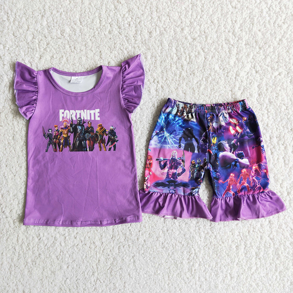 D11-28 Summer Girls Flutter Purple Sleeve Cartoon Kids Outfits