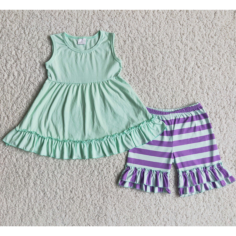 C4-9 Green Dress Top Match Striped Print Shorts Summer Set