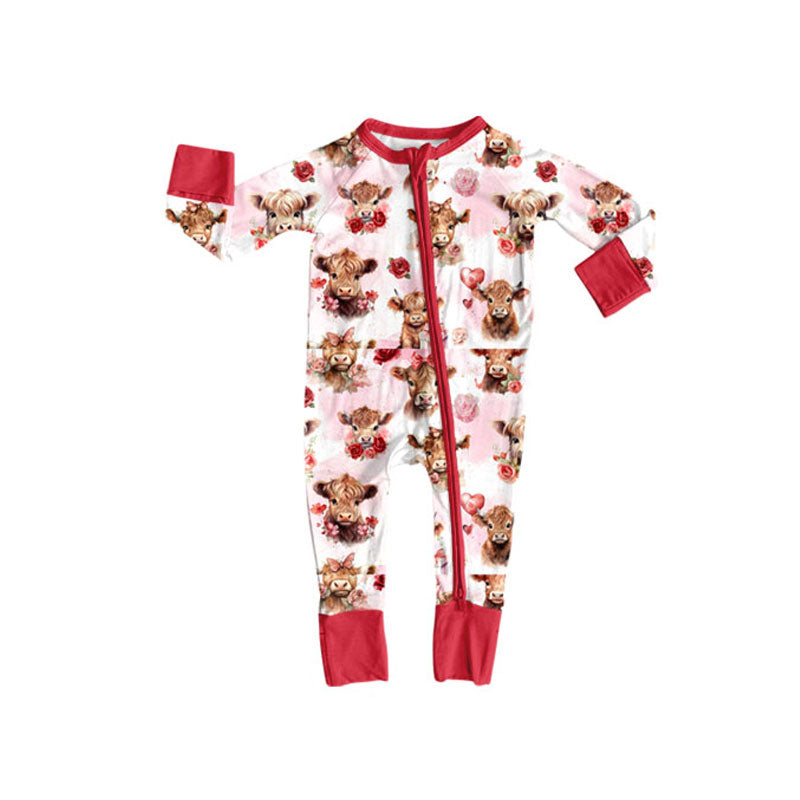 Custom moq 20 highland cow flowers red zipper long sleeve girls romper