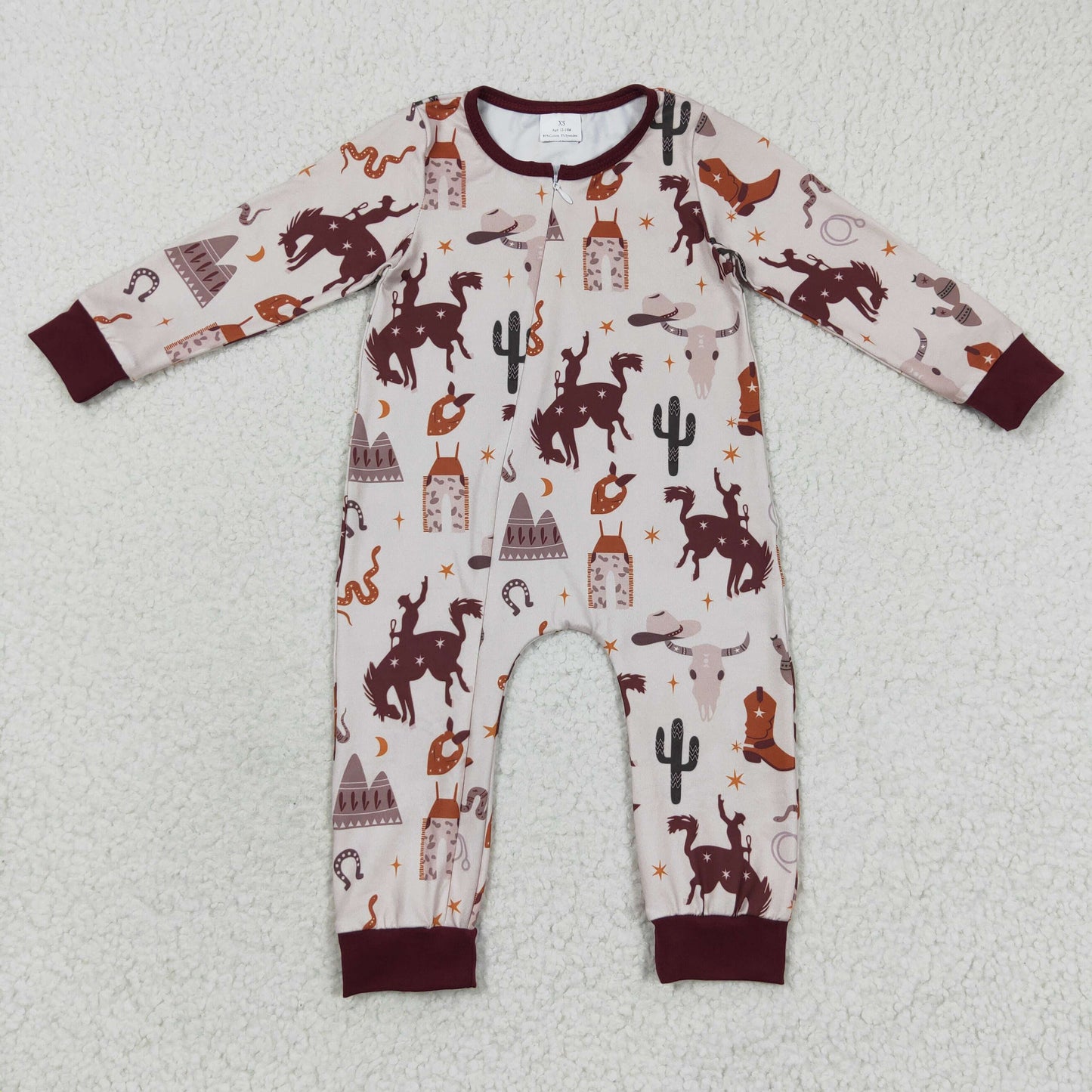 Custom moq 20 bamboo Western Horse Riding Cactus Brown Long Sleeves Kids Romper
