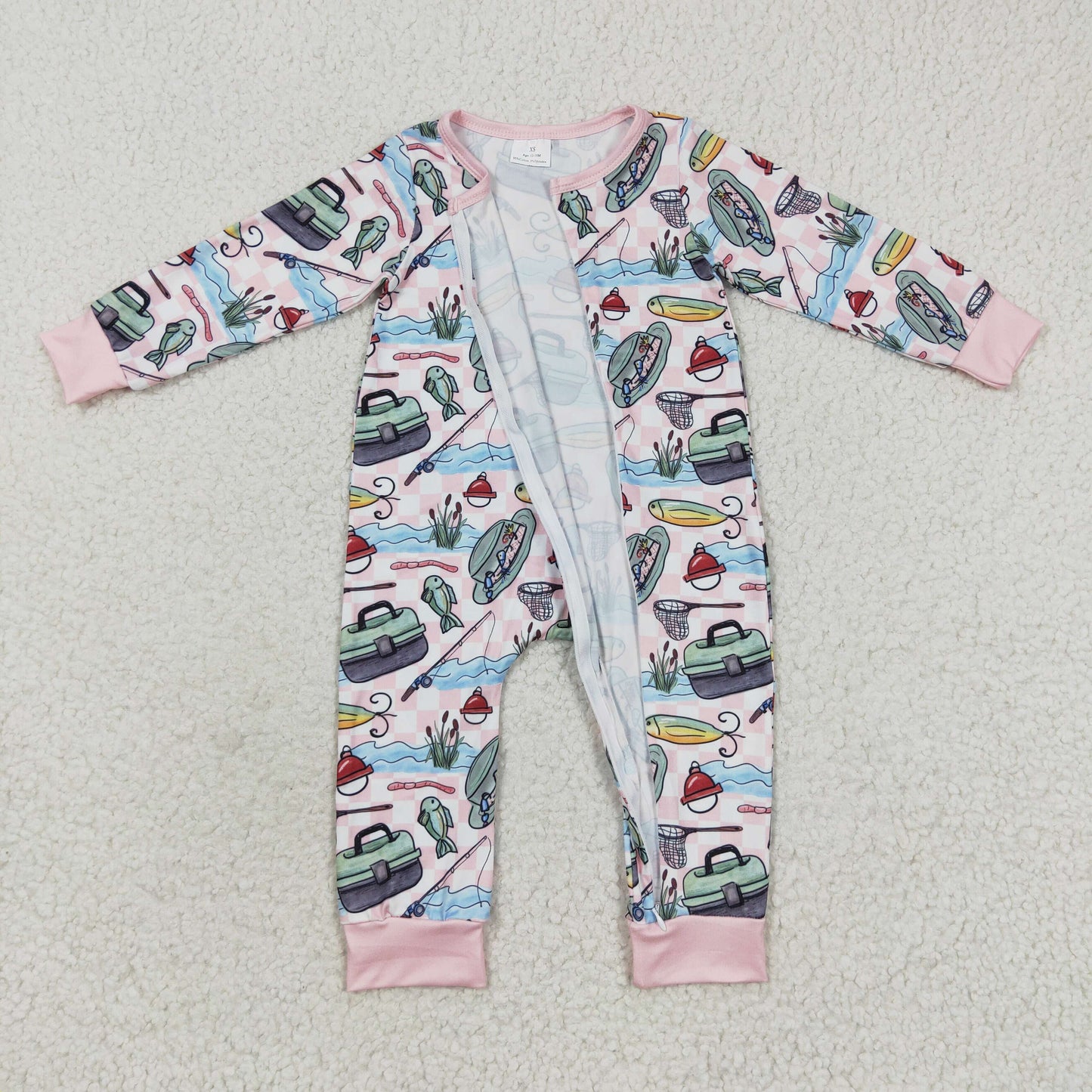 LR0322 Fishing Pink Long Sleeves Kids Romper