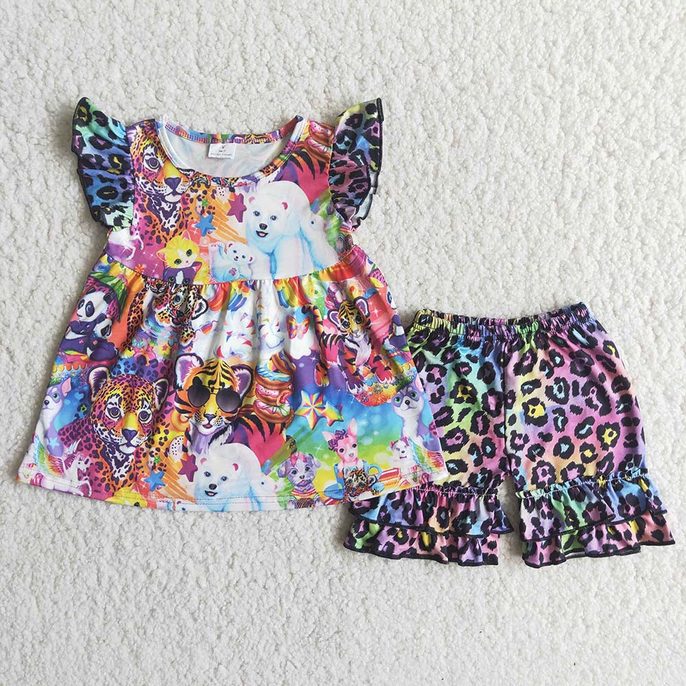 C16-3 Purple Leopard Print Shorts Tiger Cartoon Bear Set