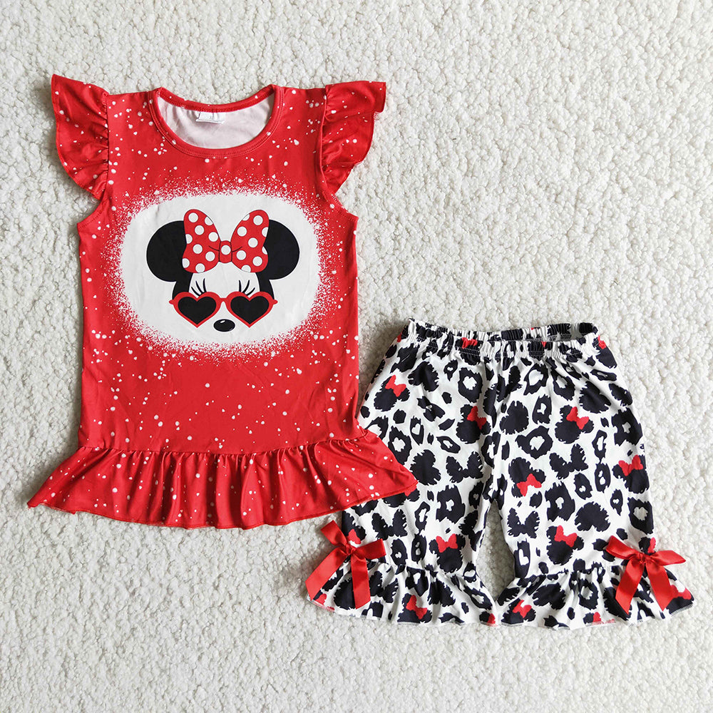 D7-29 Red Bleach Design Cartoon Baby Girls Summer Set