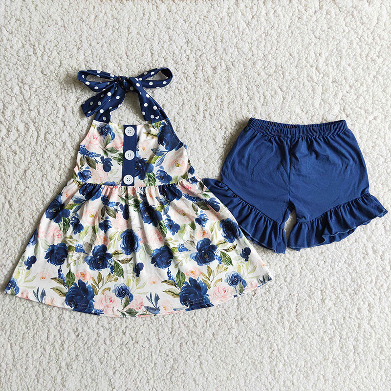 D7-19 Navy Summer Floral Print Baby Girls Outfits