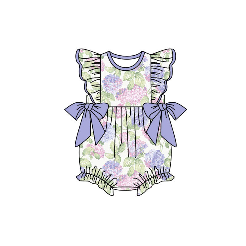 Custom moq 20 pink flowers purple bows flutter sleeve girls romper