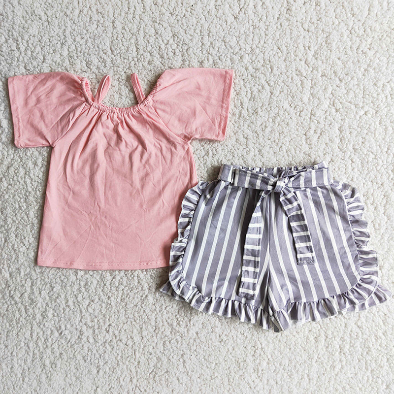 Pink Summer Top Match Grey Striped Print Shorts Set