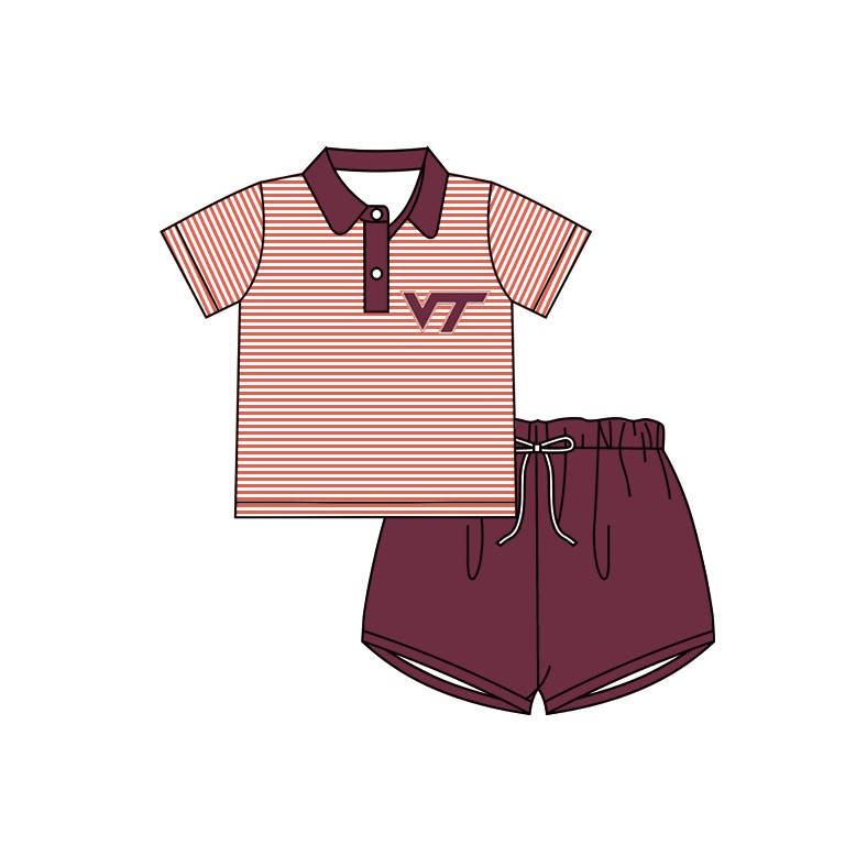 custom style VT maroon striped short sleeve maroon shorts boys set