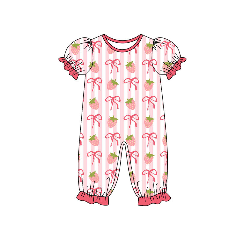Custom moq 20 strawberry bows pink striped short sleeve girls romper