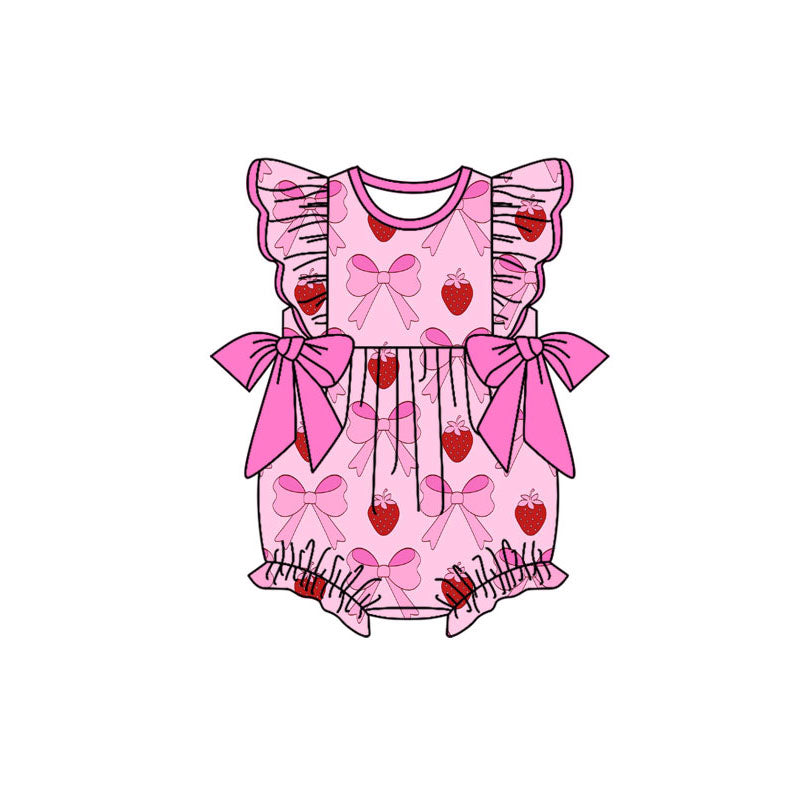 Custom moq 20 strawberry pink bows flutter sleeve girls romper