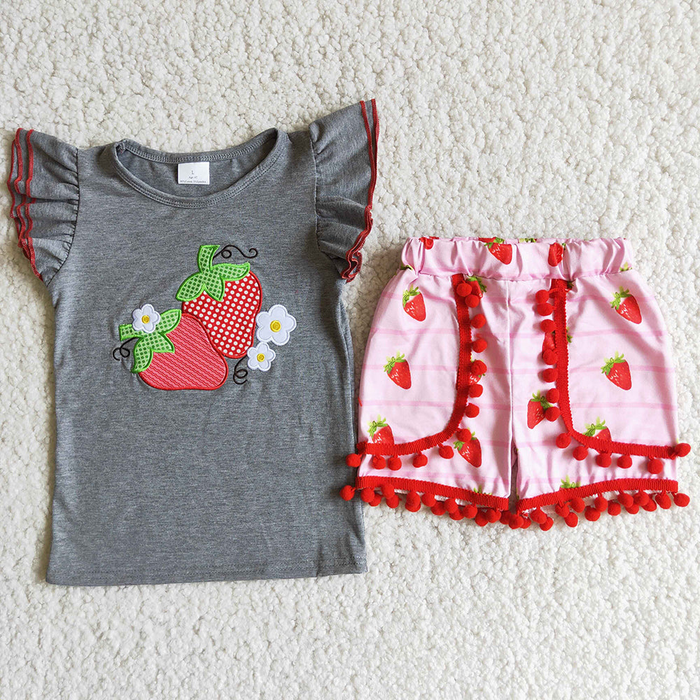 Flutter Sleeve Embroidery Strawberry Summer Girls Outfits