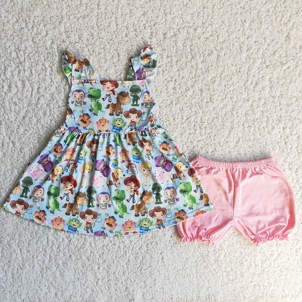 C14-3 Toy Flutter Sleeve Match Pink Shorts Cartoon Kids Set