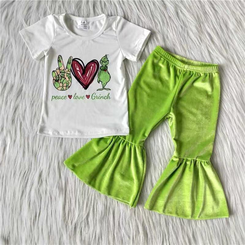 Christmas Cartoon Design Green Velvet Girls Outfits
