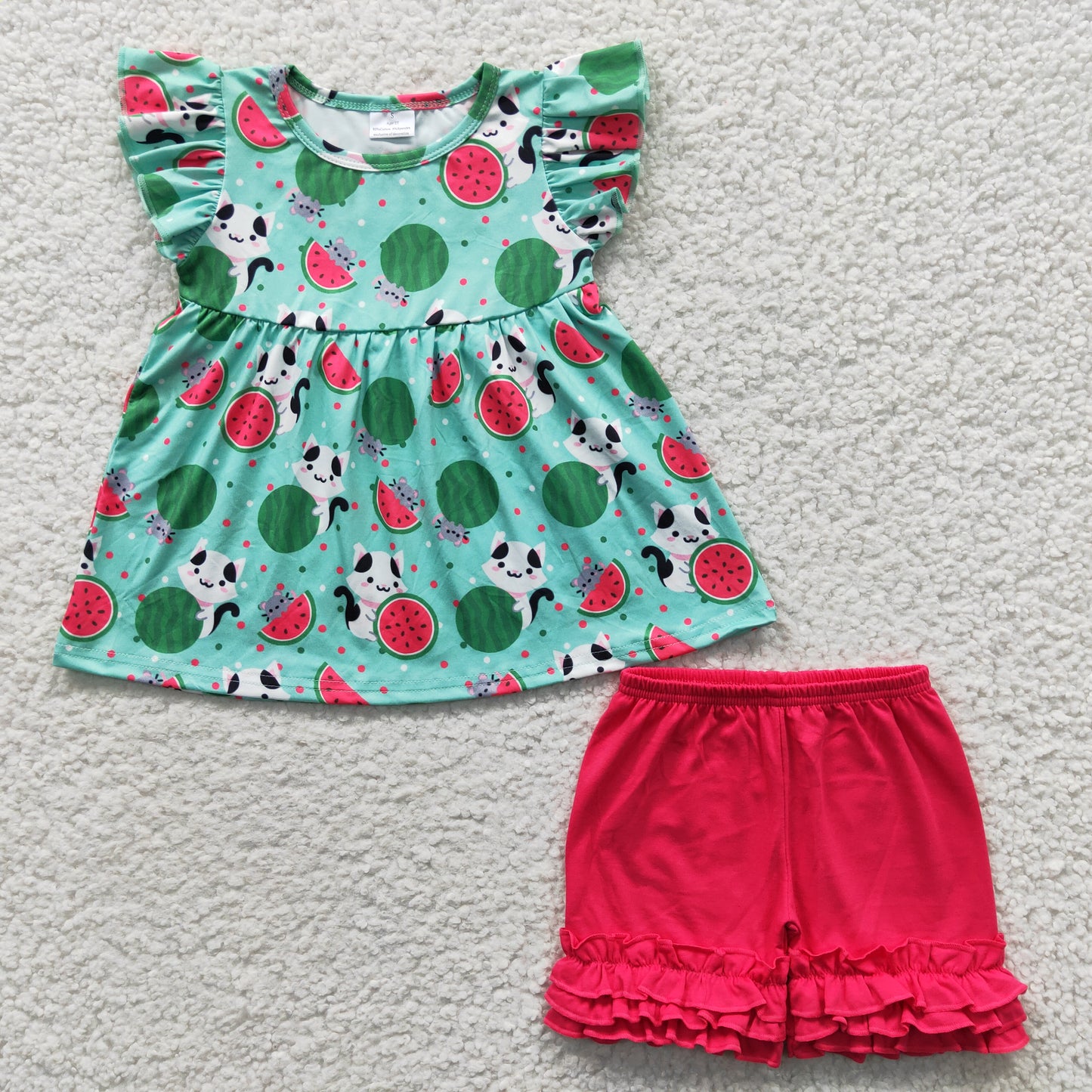 C9-5 Watermelon Flutter Sleeve Cat Green & Hot Pink Shorts Baby Girls Set