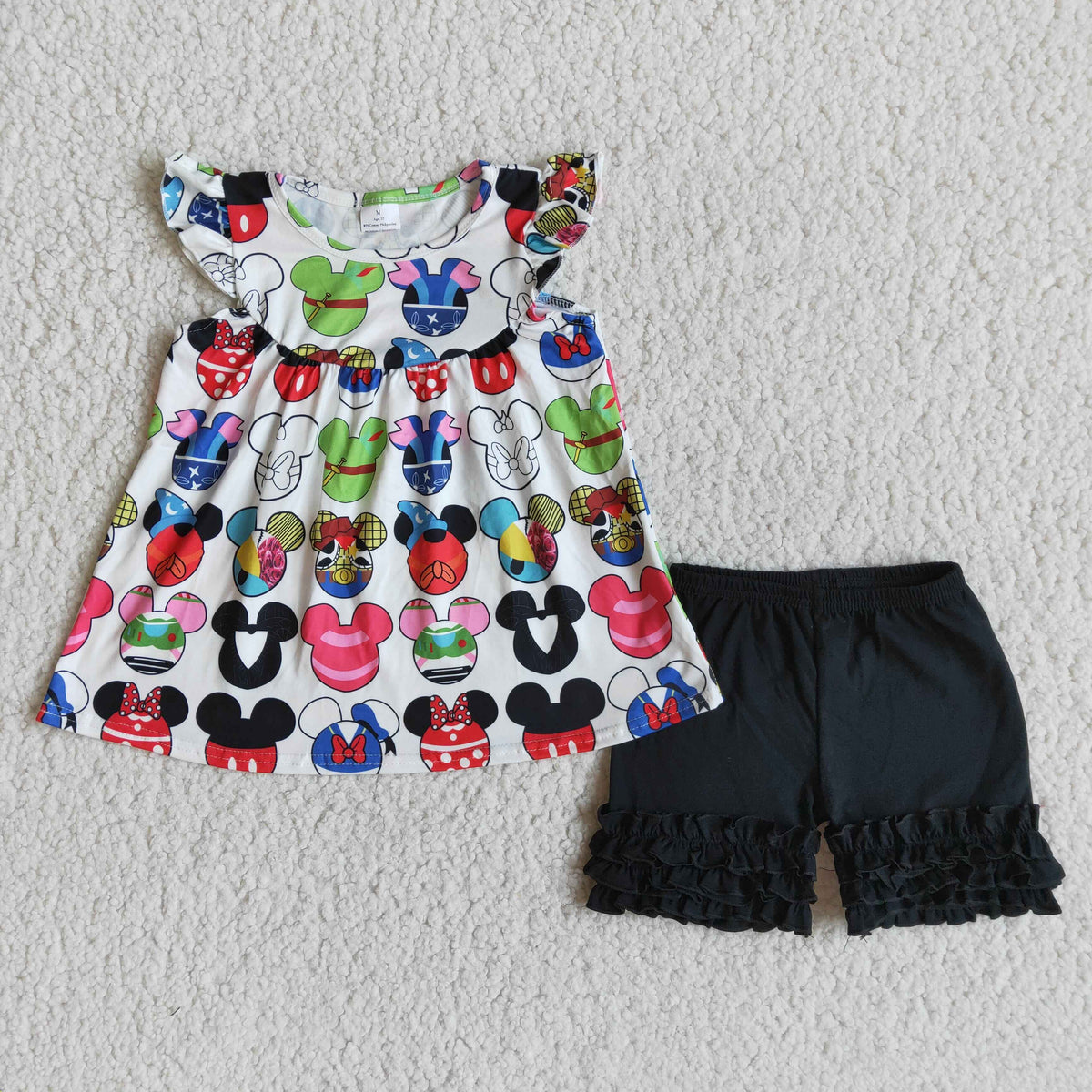 Cartoon Flutter Sleeve Girls Black Summer Set