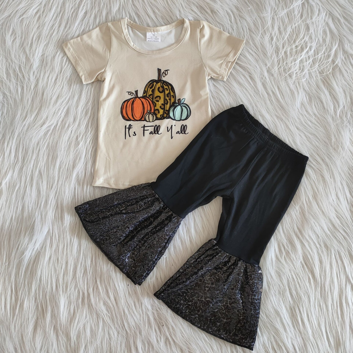 It's Fall Y'all Short Sleeve Pumpkin Cotton With Sequin Bell-bottom Pants Kids Outfits