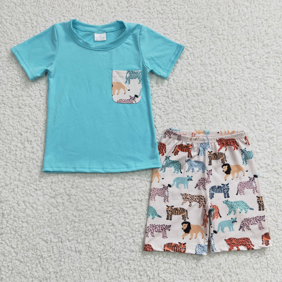 BSSO0119 Blue Short Sleeve Tiger & Lion Boys Summer Pocket Set
