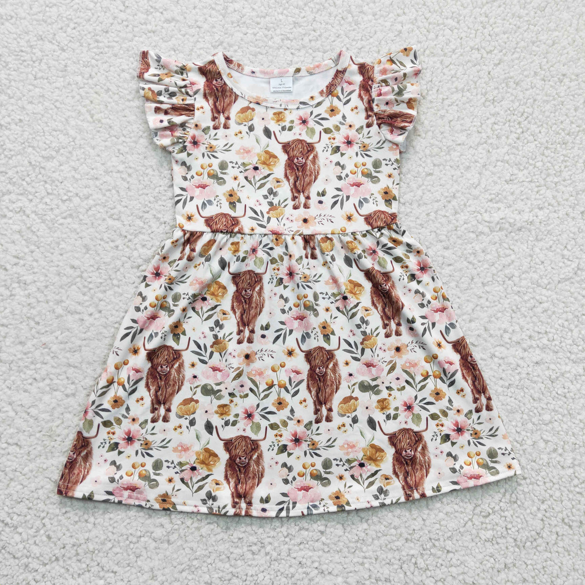 GSD0158 Girls Highland Cow Heifer Flutter Sleeve Dress