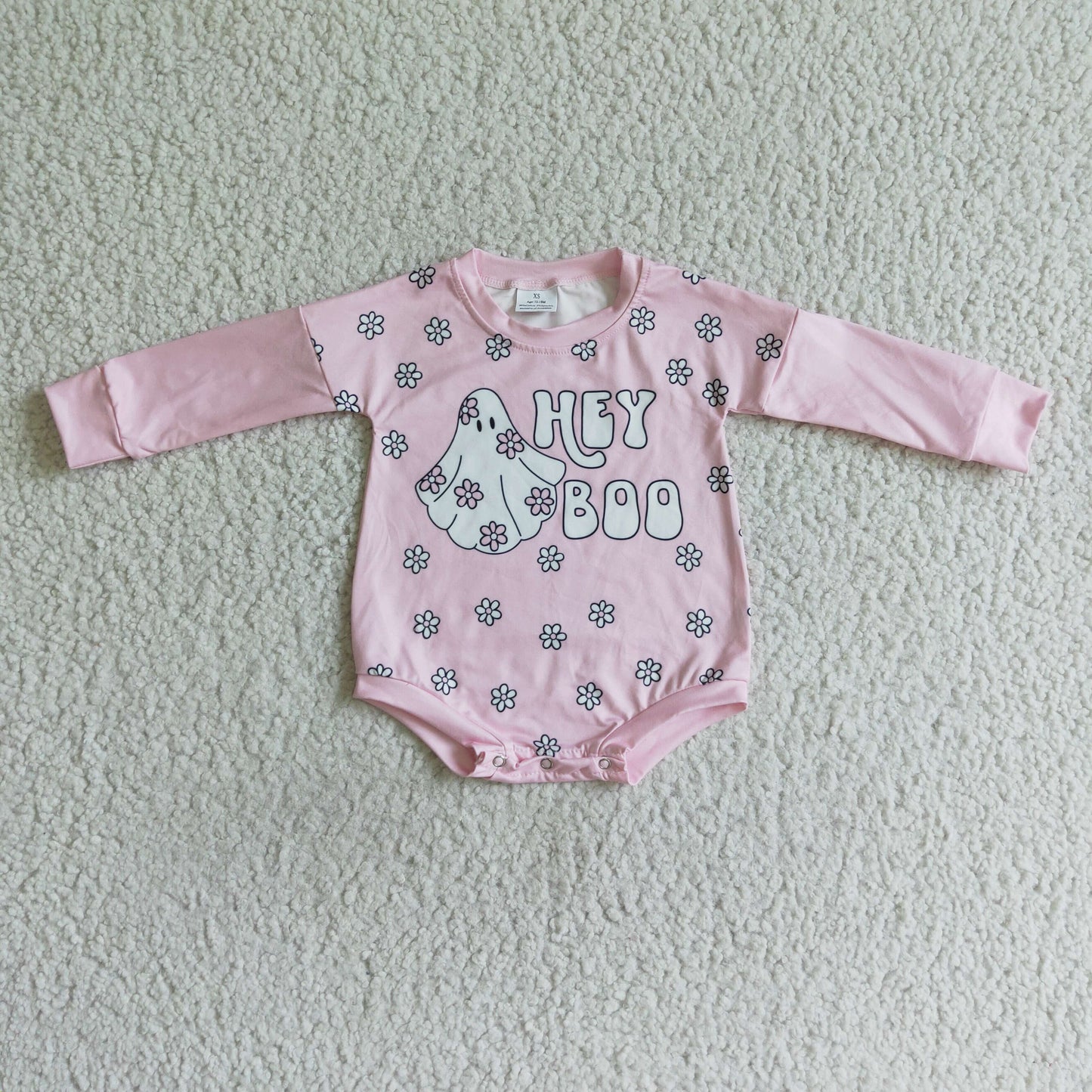 LR0054 Hey Boo Pink Long Sleeve Halloween Romper