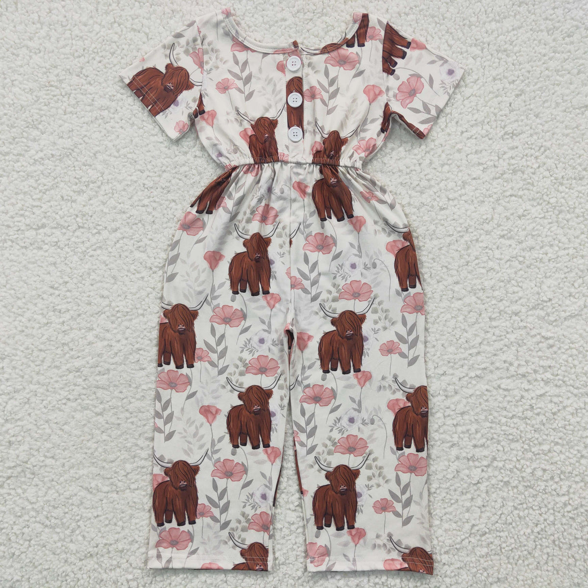 SR0227 Heifer Highland Cow Pink Flower Baby Girls Jumpsuits