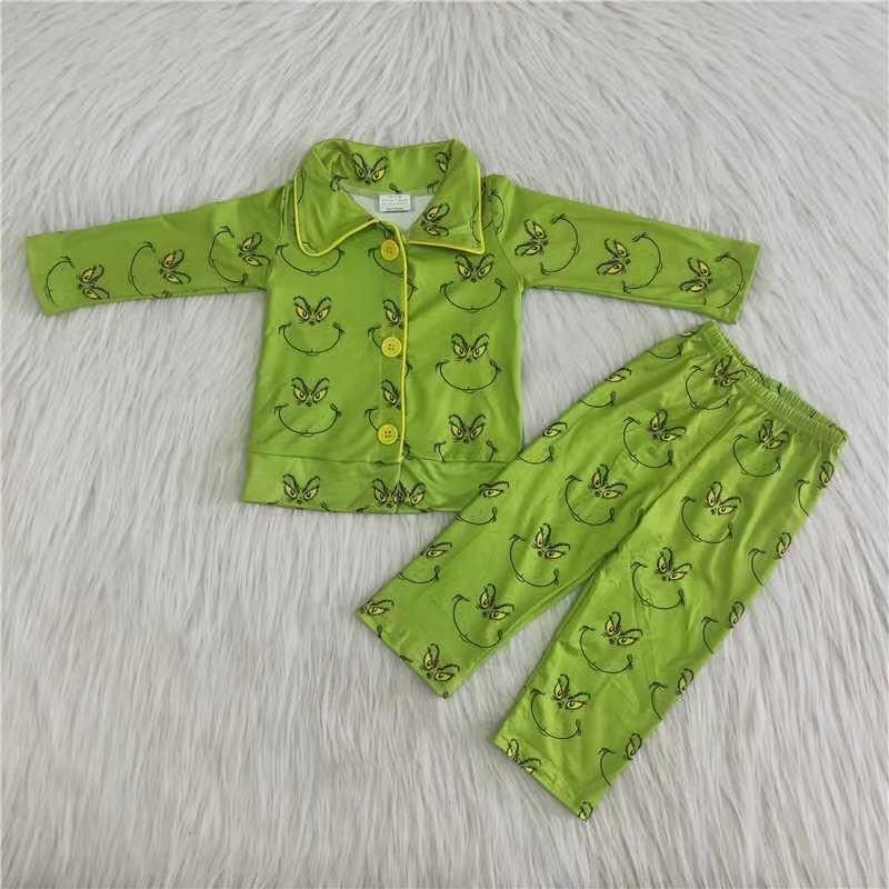 Boys Christmas Green Cartoon Long Sleeve Pajamas