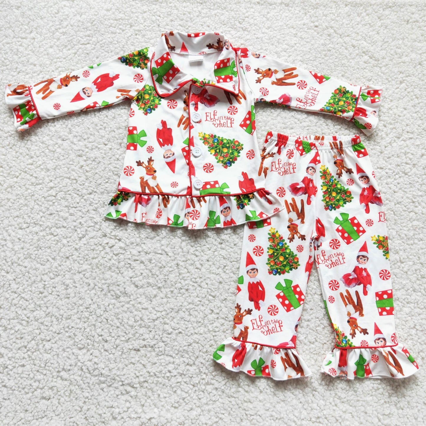 Christmas Casual Ruffles Girls Cartoon Lovely Pajamas