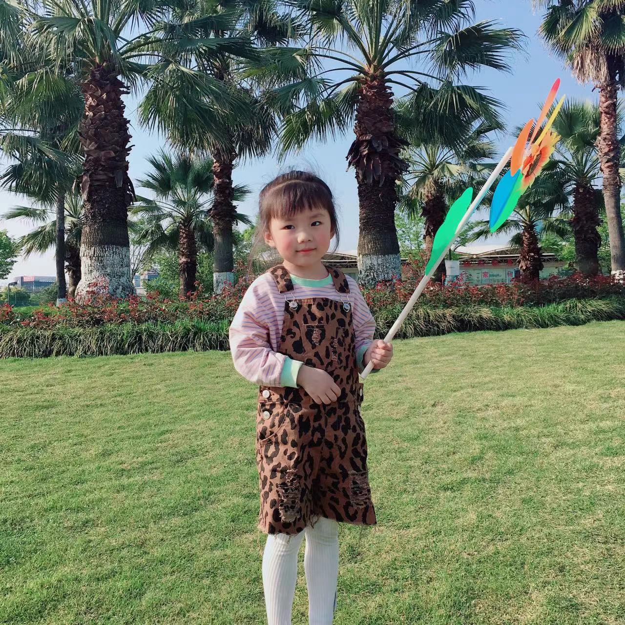 SS0018 Leopard Print Baby Girls Denim Overalls