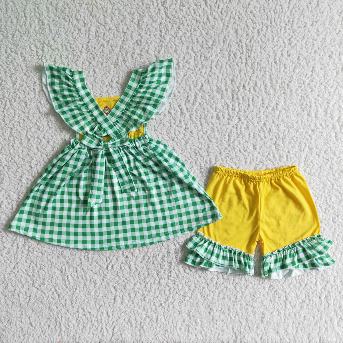 GSSO0056 Farm Embroidery Green Plaid Print Summer Set