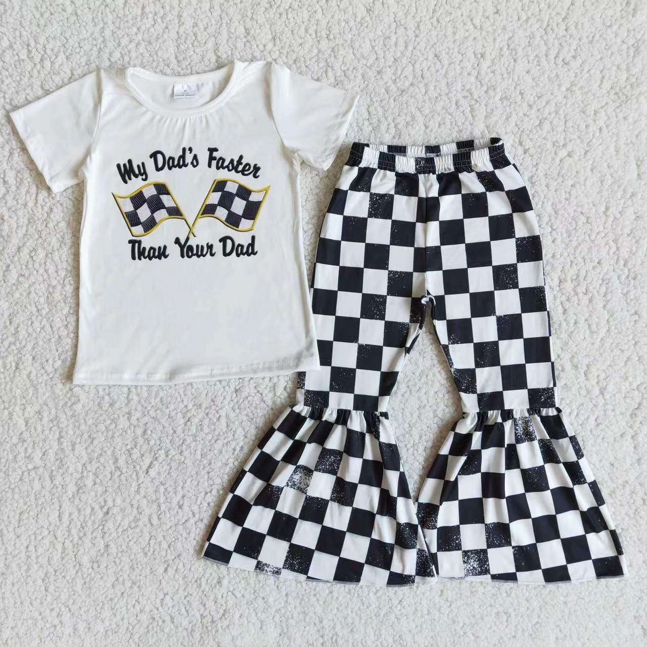 E8-29 My Dad Is Faster Than Your Dad Black Plaid Print Girls Set